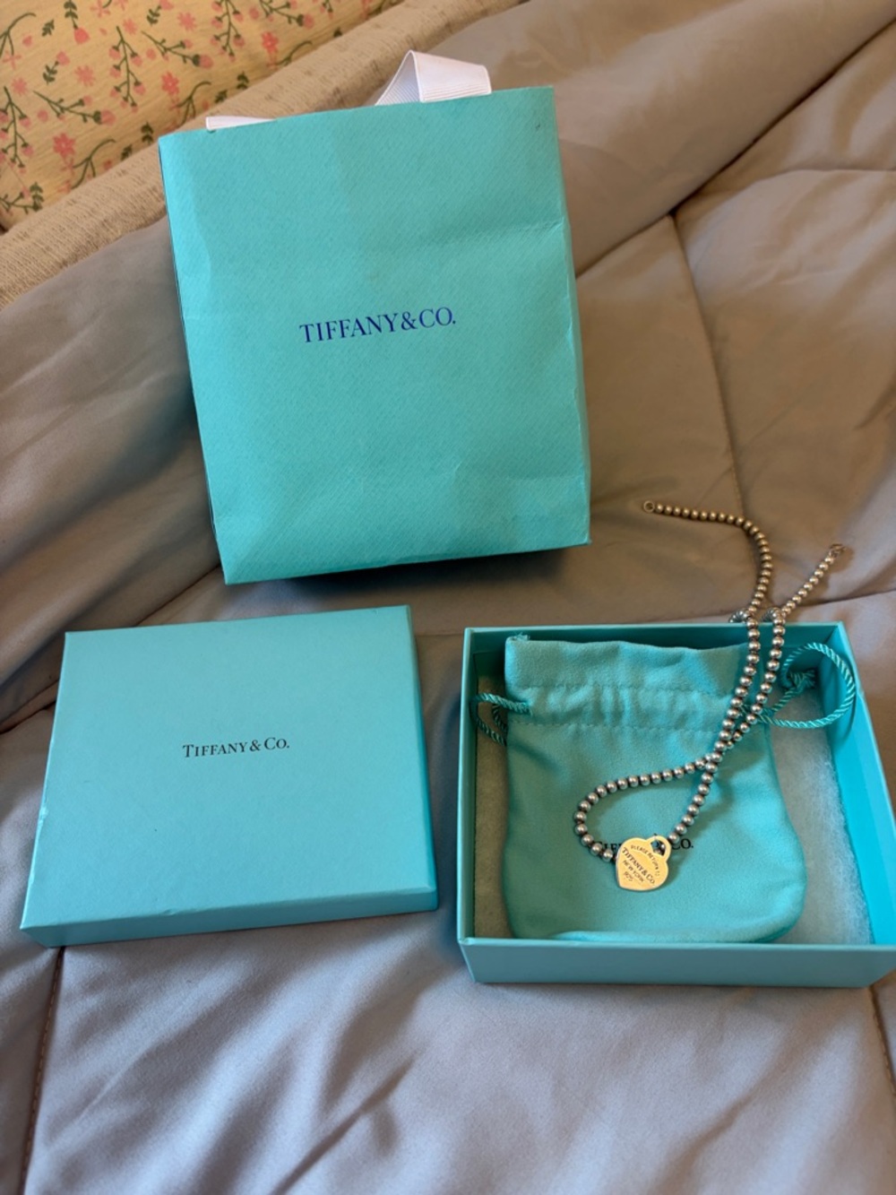 Tiffany & Co. Silver Bead Necklace with Blue Gift Set